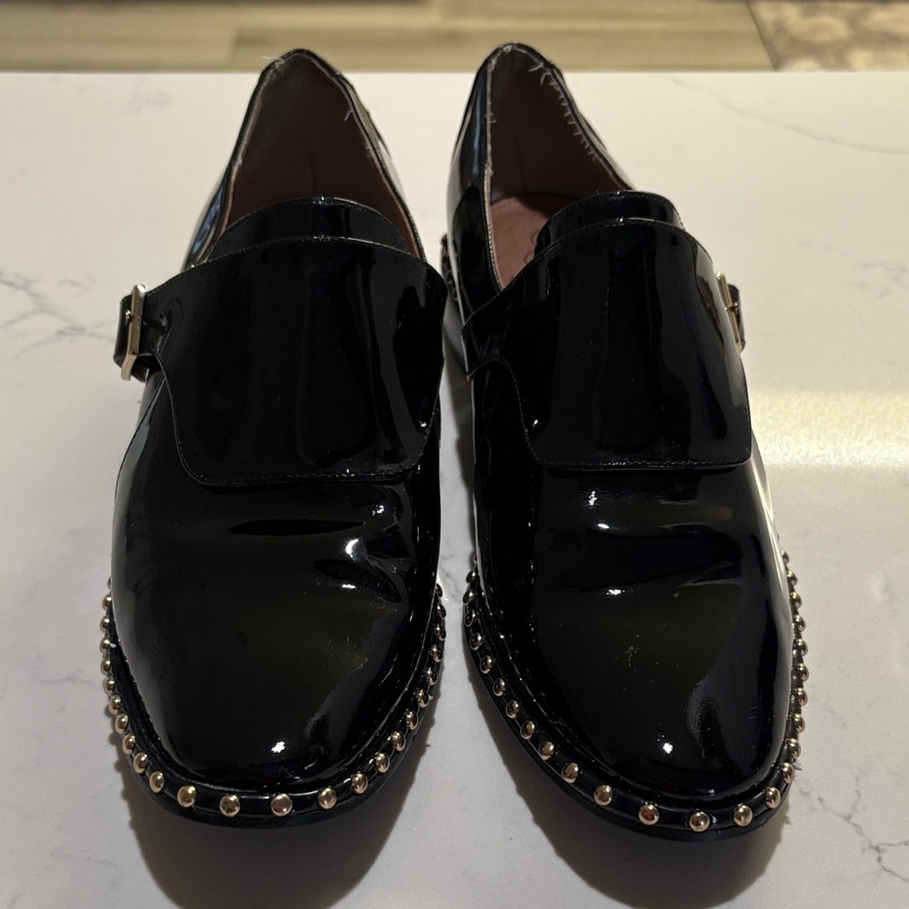 Adrianna Papell Black Patent Loafers with Gold Studs - Picture 8 of 9